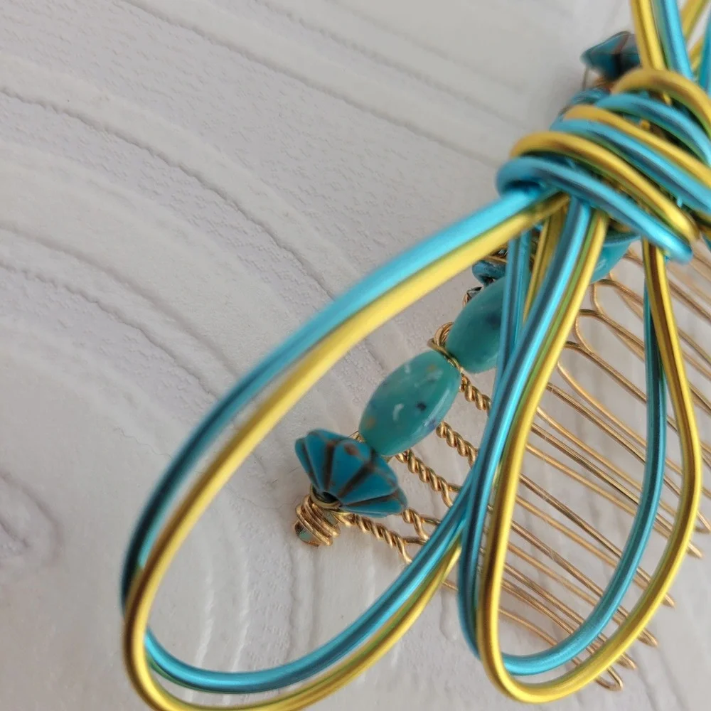 Handmade Dragonfly Hair Comb Teal Gold Wire Gemstone Rhinestone Vintage Art Deco